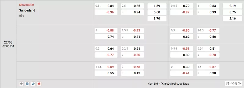Tỷ lệ kèo trong trận đấu giữa Newcastle vs Sunderland